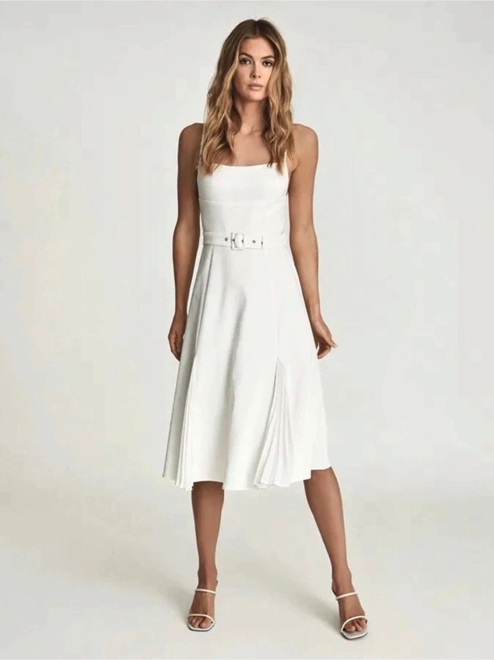 Reiss Heidi Viscose-Linen Blend Belted Midi Dress White